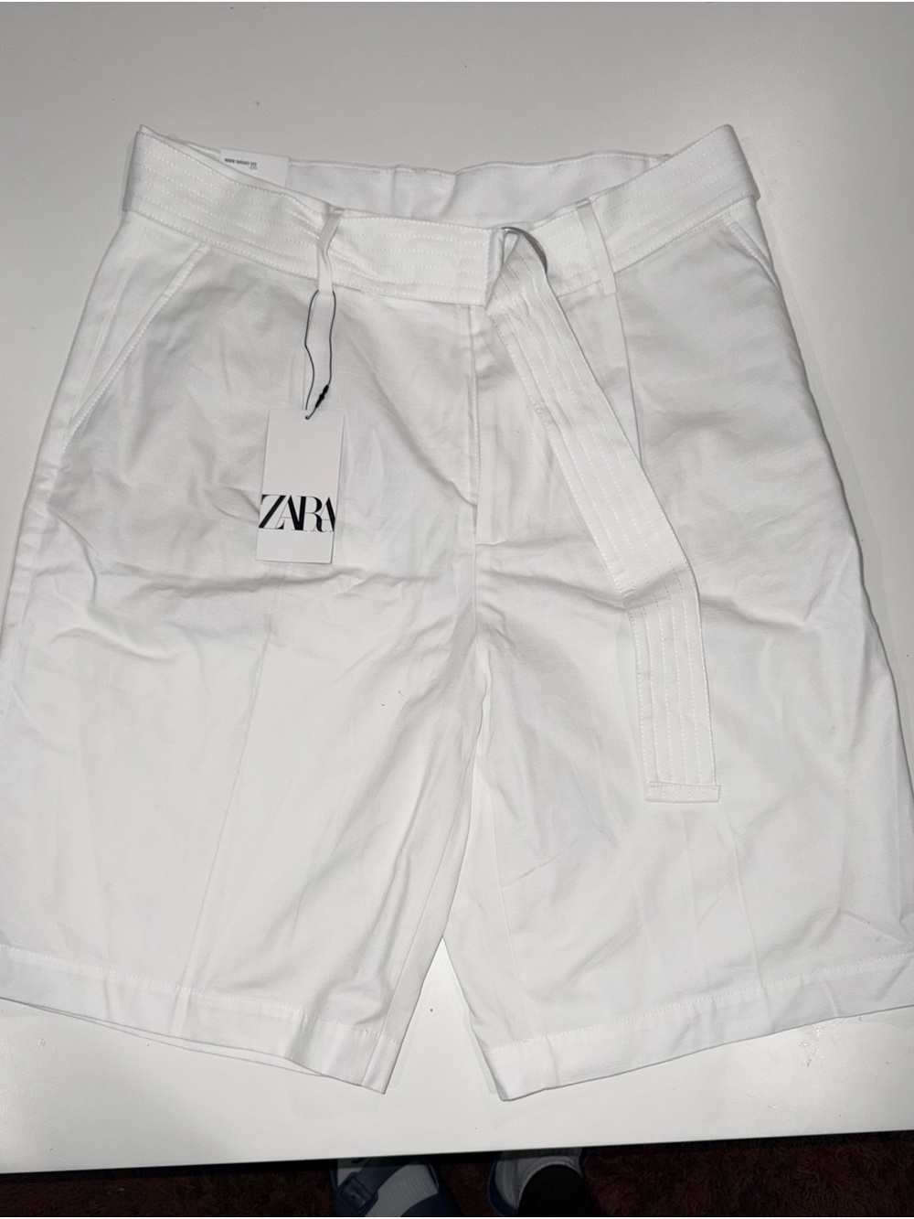 ZARA White Cotton Baggy Belted Shorts